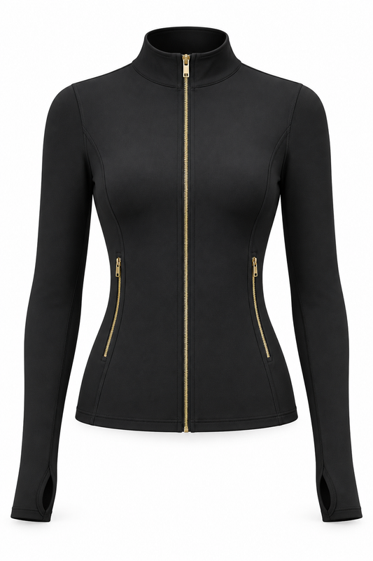 Taillierte Damen Sportjacke mit Reißverschluss und Daumenlöchern – Produkt auf weißem Hintergrund