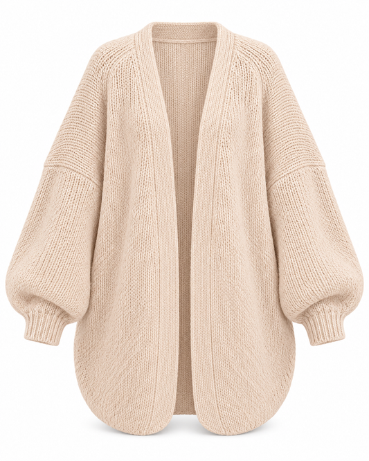 Offener Damen Oversize-Cardigan mit Ballonärmeln – Produkt auf weißem Hintergrund