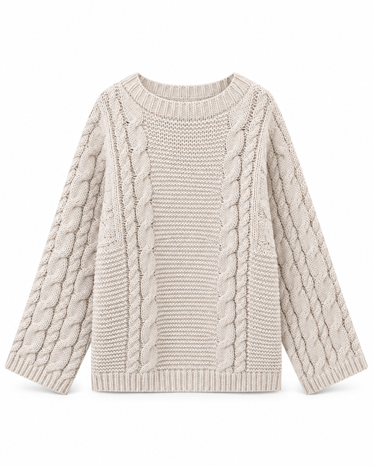 Damen Oversize-Zopfstrickpullover mit Glockenärmeln – Produkt auf weißem Hintergrund