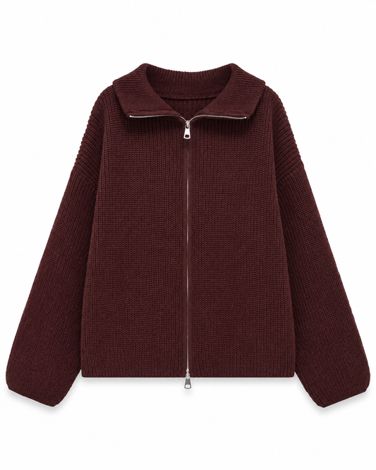 Women's cardigan with collar and two-way zipper – Produkt auf weißem Hintergrund