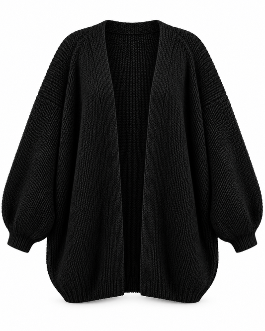 Langer offener Damen Strickcardigan mit Ballonärmeln – Produkt auf weißem Hintergrund