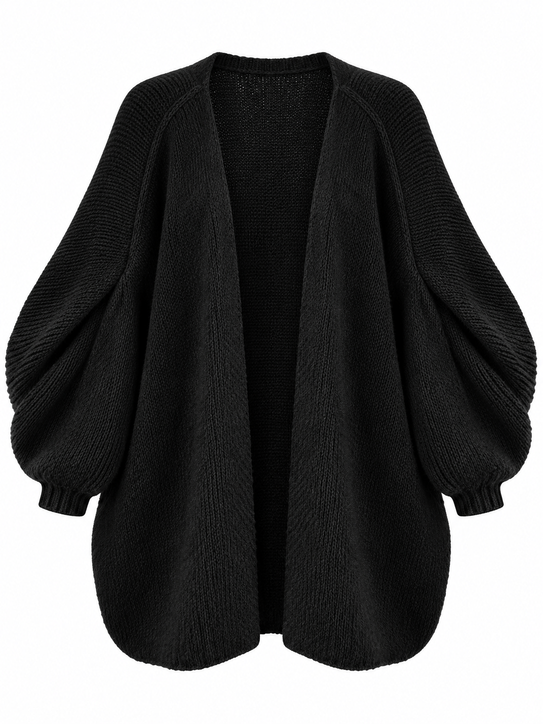 Langer offener Damen Strickcardigan mit Ballonärmeln in Schwarz – freigestellte Produktansicht