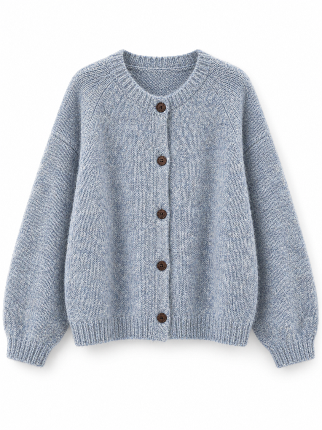Kurze Damen Strickjacke mit Rundhals und Knöpfen in Blau – freigestellte Produktansicht