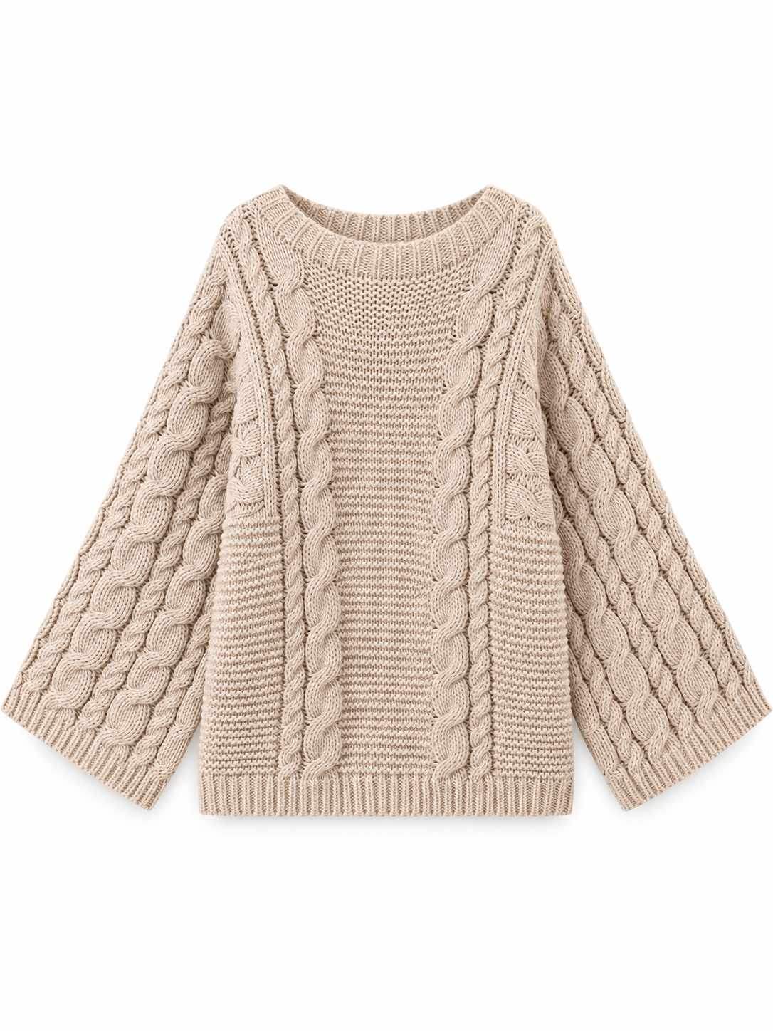 Damen Oversize-Zopfstrickpullover mit Glockenärmeln in Beige – freigestellte Produktansicht