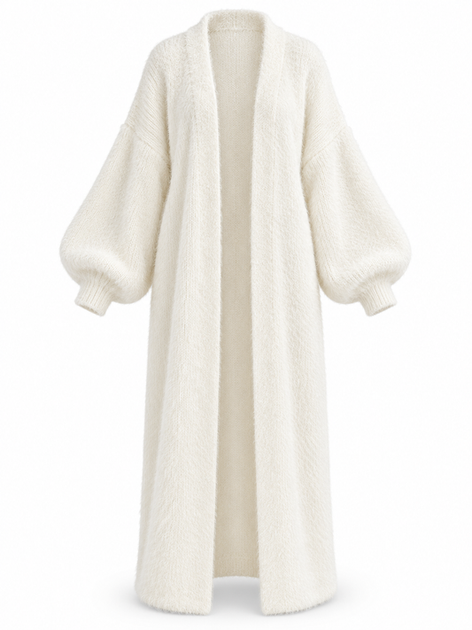 Langer offener Damen Flauschcardigan – Produkt auf weißem Hintergrund