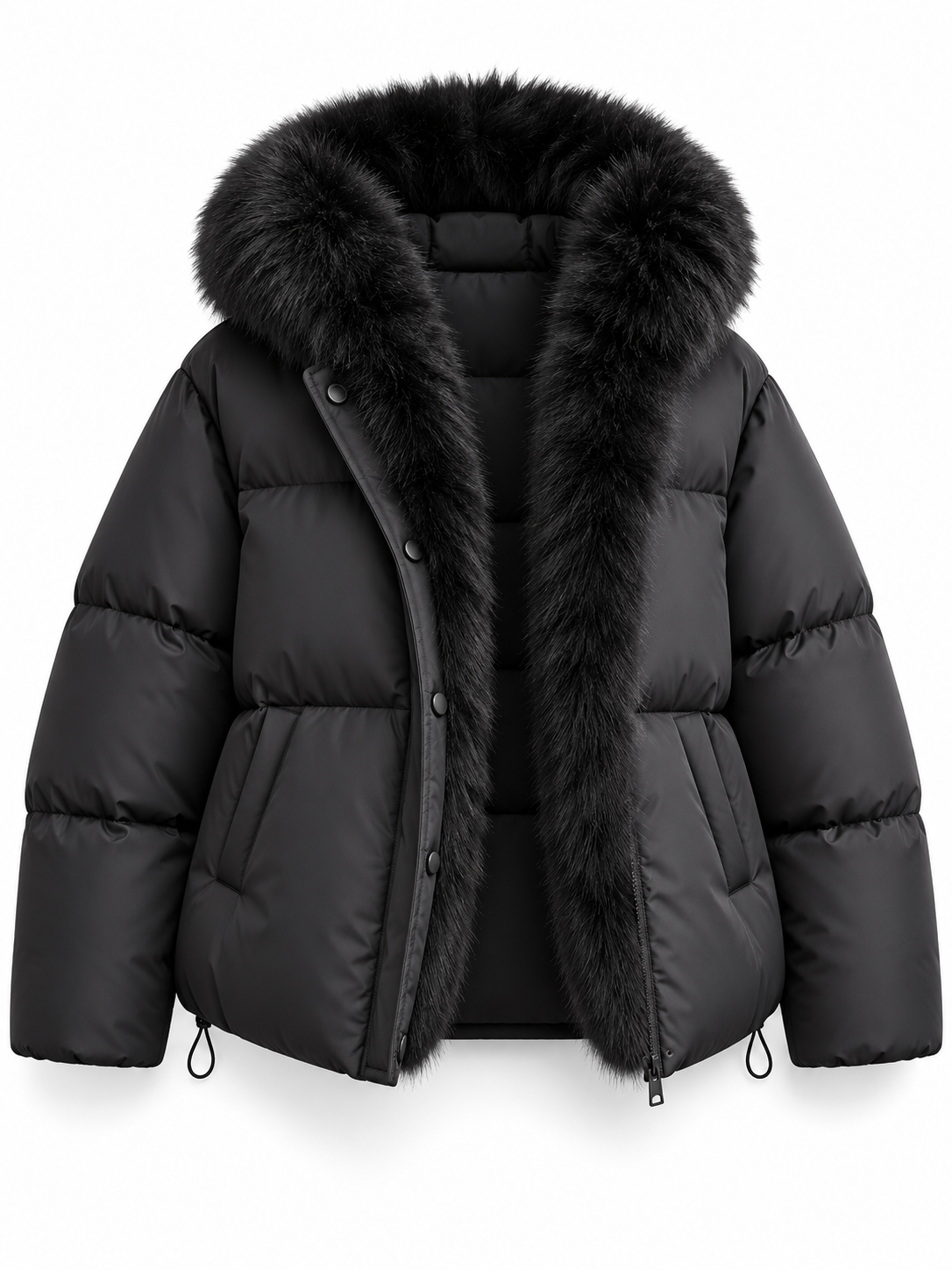 Damen Steppjacke mit Kapuze und Kunstfellbesatz in Schwarz – freigestellte Produktansicht