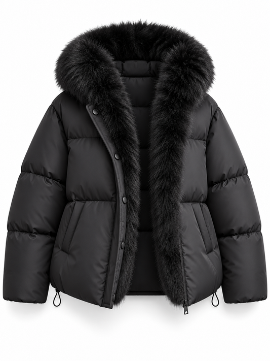 Damen Steppjacke mit Kapuze und Kunstfellbesatz – Produkt auf weißem Hintergrund