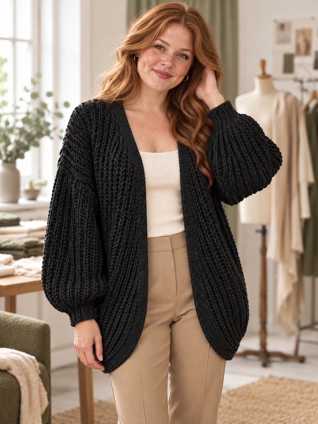 Offener Damen Grobstrick-Cardigan mit Ballonärmeln in Schwarz – Produkt im Detail am Model