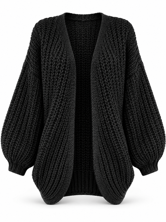 Offener Damen Grobstrick-Cardigan mit Ballonärmeln – Produkt auf weißem Hintergrund
