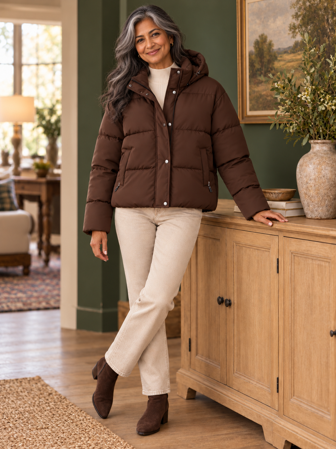 Kurze Damen Steppjacke mit Kapuze und hohem Kragen in Braun – Produkt im Detail am Model