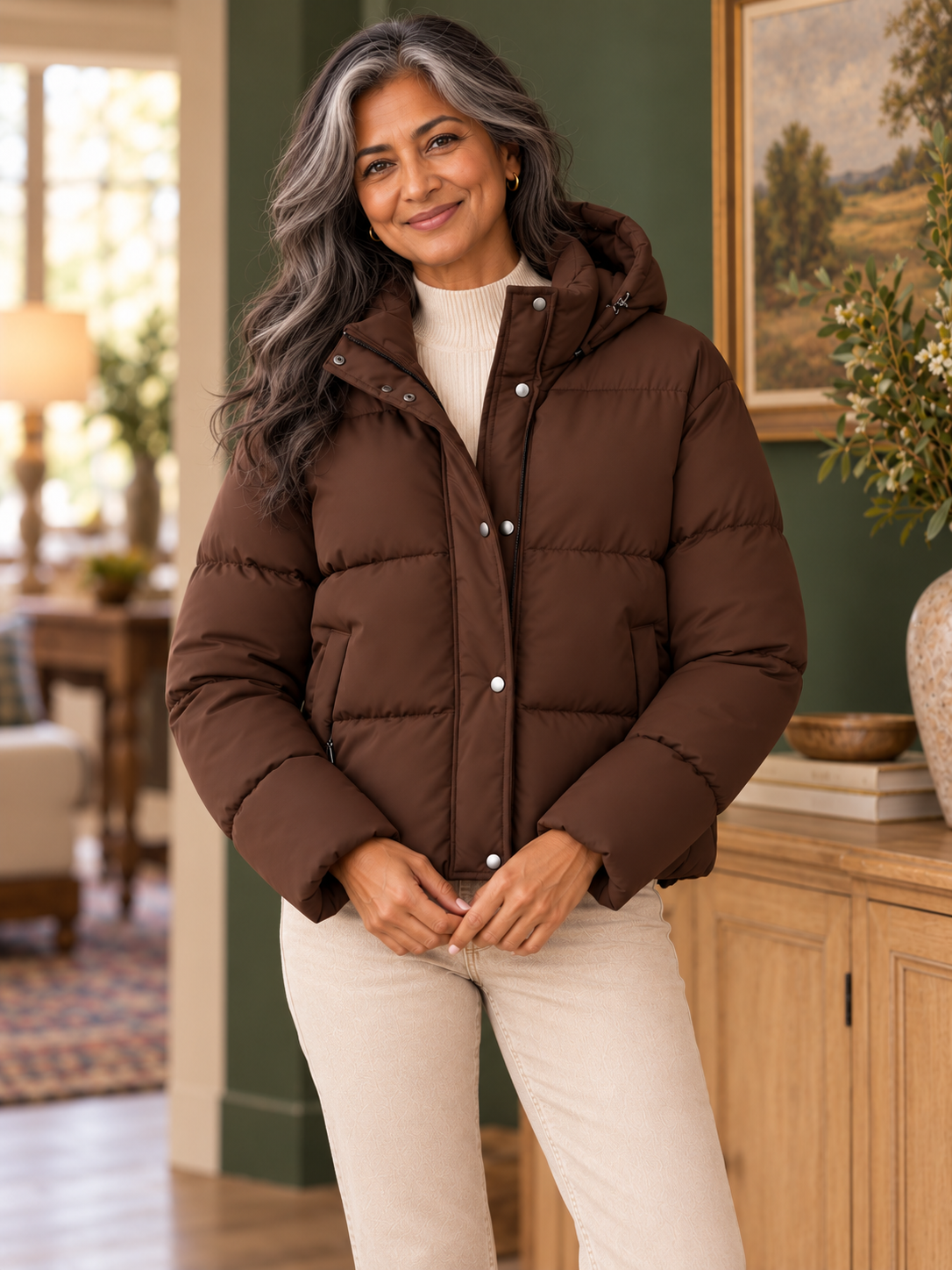Kurze Damen Steppjacke mit Kapuze und hohem Kragen in Braun – Alternative Ansicht am Model