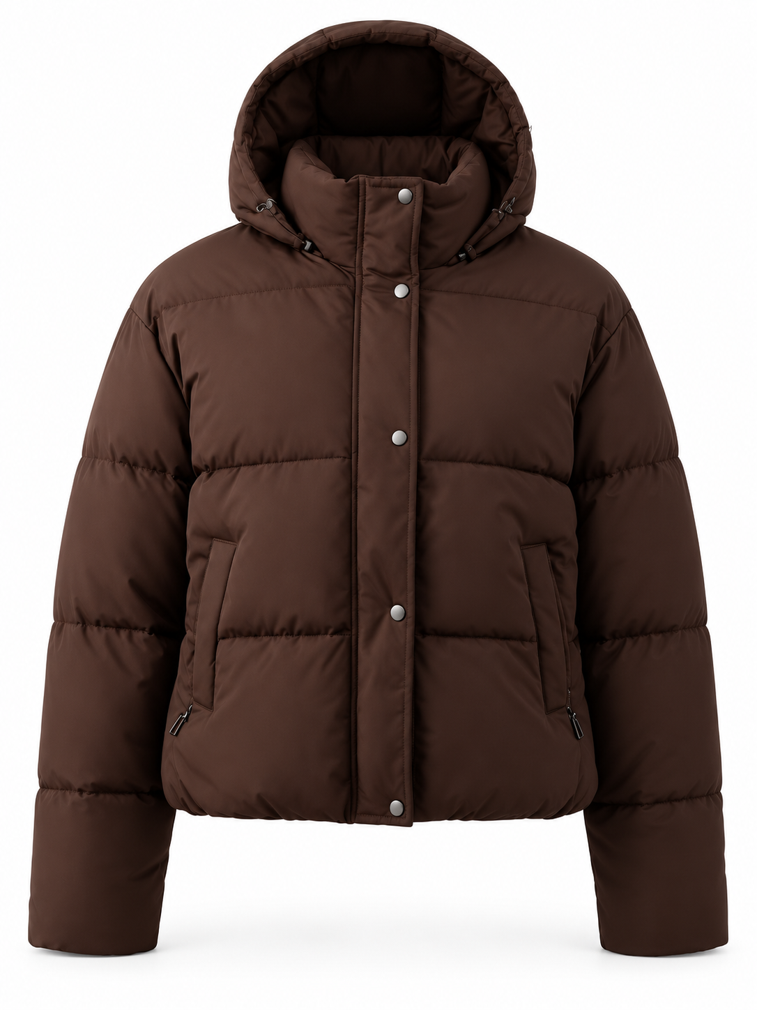 Kurze Damen Steppjacke mit Kapuze und hohem Kragen in Braun – freigestellte Produktansicht