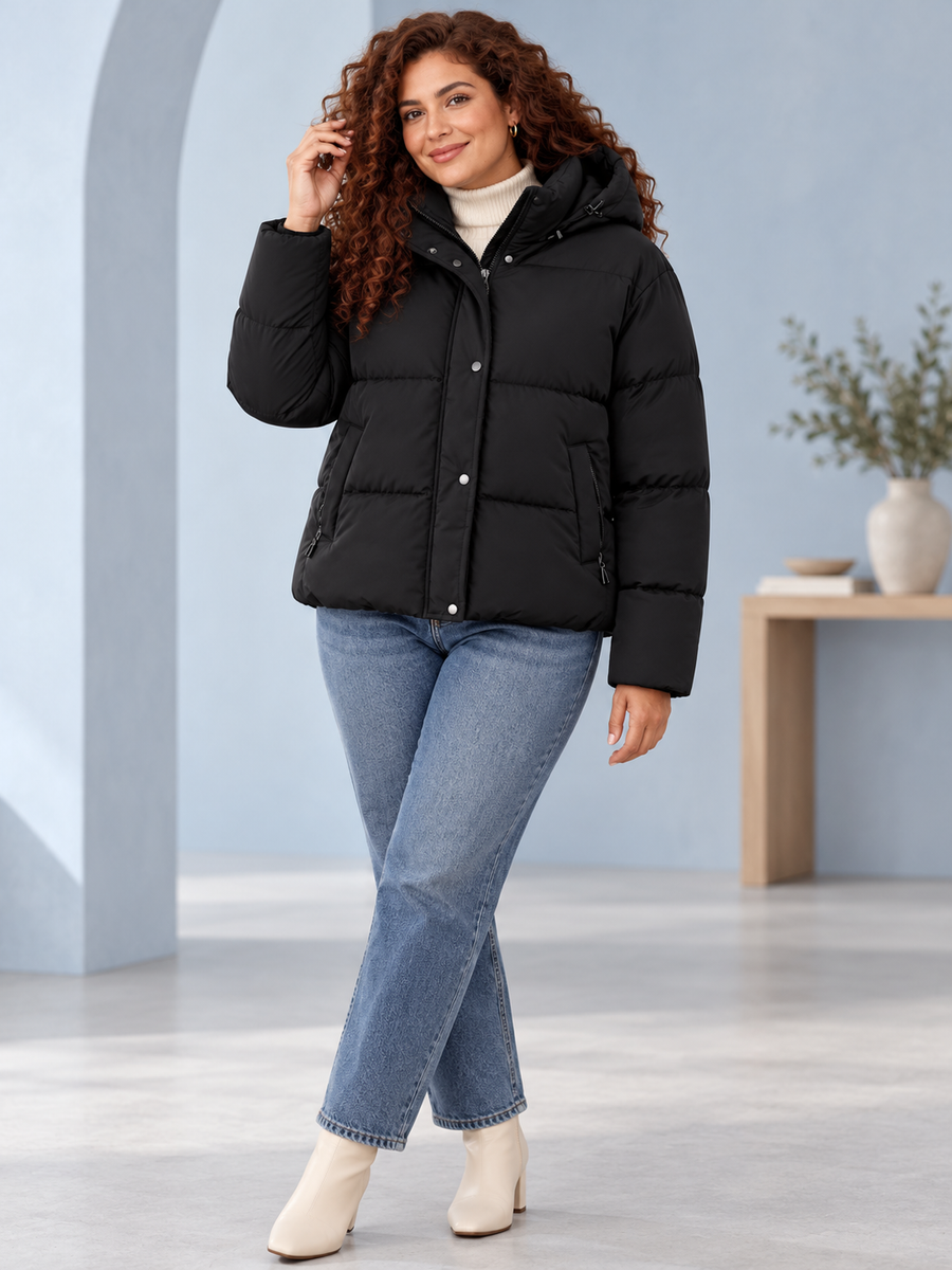 Kurze Damen Steppjacke mit Kapuze und hohem Kragen
