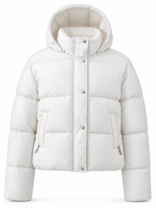 Kurze Damen Steppjacke mit Kapuze und hohem Kragen – Produkt auf weißem Hintergrund