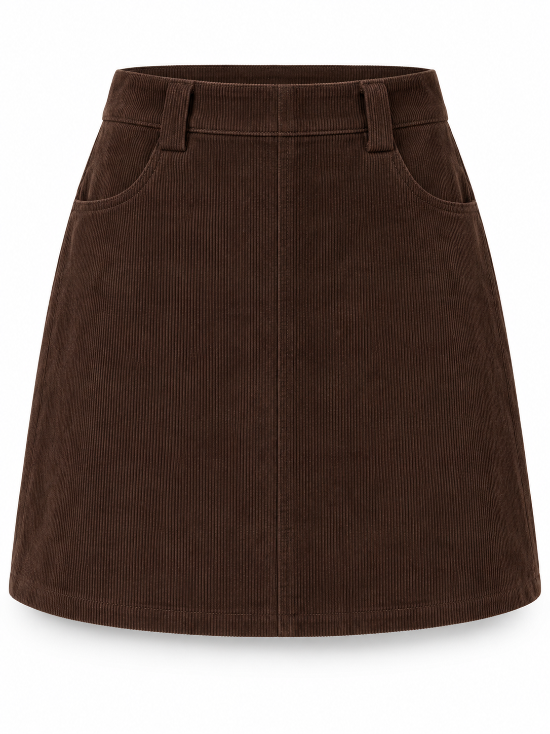 Damen Cord-Minirock in A-Linie mit hohem Bund in Dunkelbraun – freigestellte Produktansicht