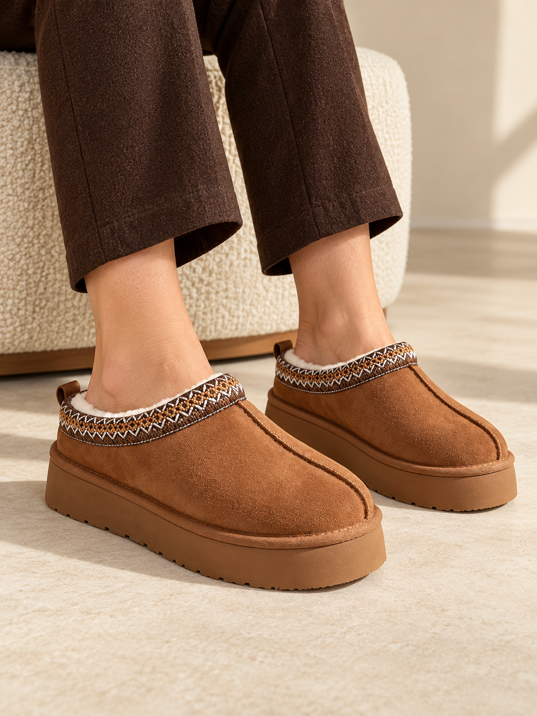 Damen Plateau-Clogs in Wildlederoptik in Braun – Alternative Ansicht am Model