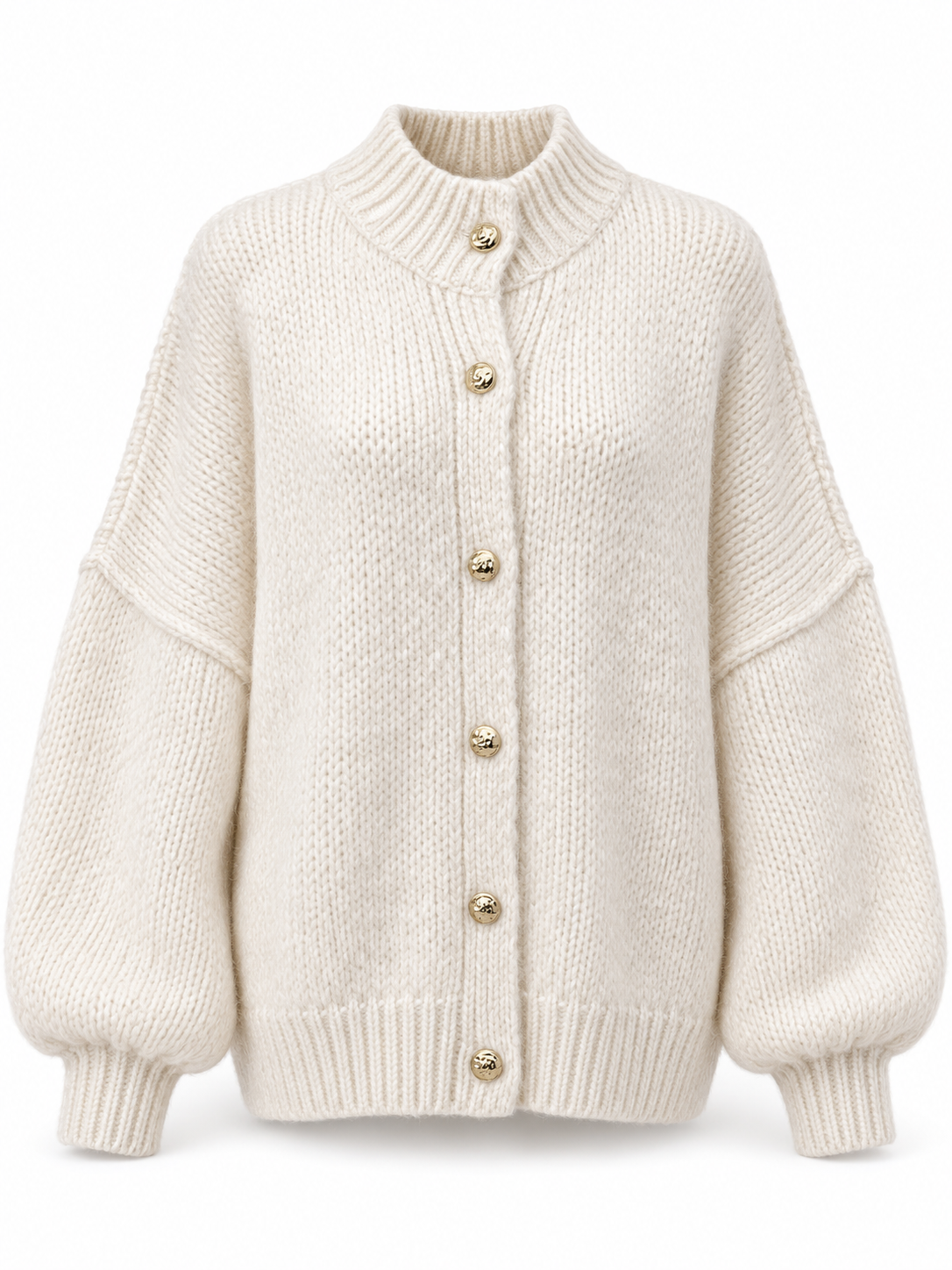 Damen Strickjacke mit Stehkragen und goldfarbenen Knöpfen in Cremeweiß – freigestellte Produktansicht