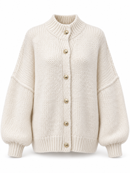 Damen Strickjacke mit Stehkragen und goldfarbenen Knöpfen – Produkt auf weißem Hintergrund