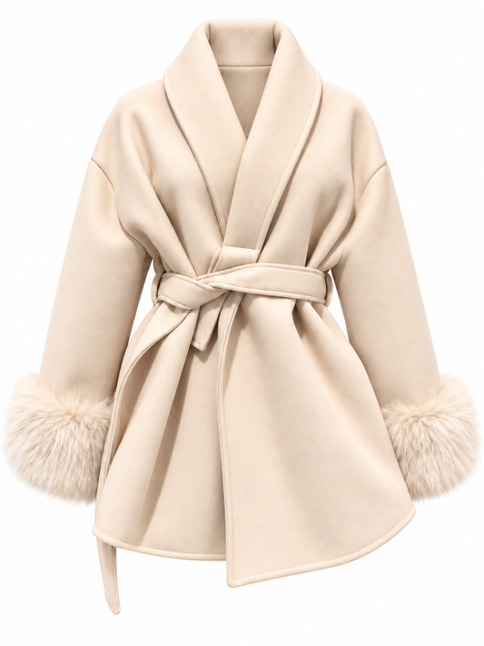 Kurze Damen Bindegürteljacke mit flauschigen Ärmelabschlüssen – Produkt auf weißem Hintergrund