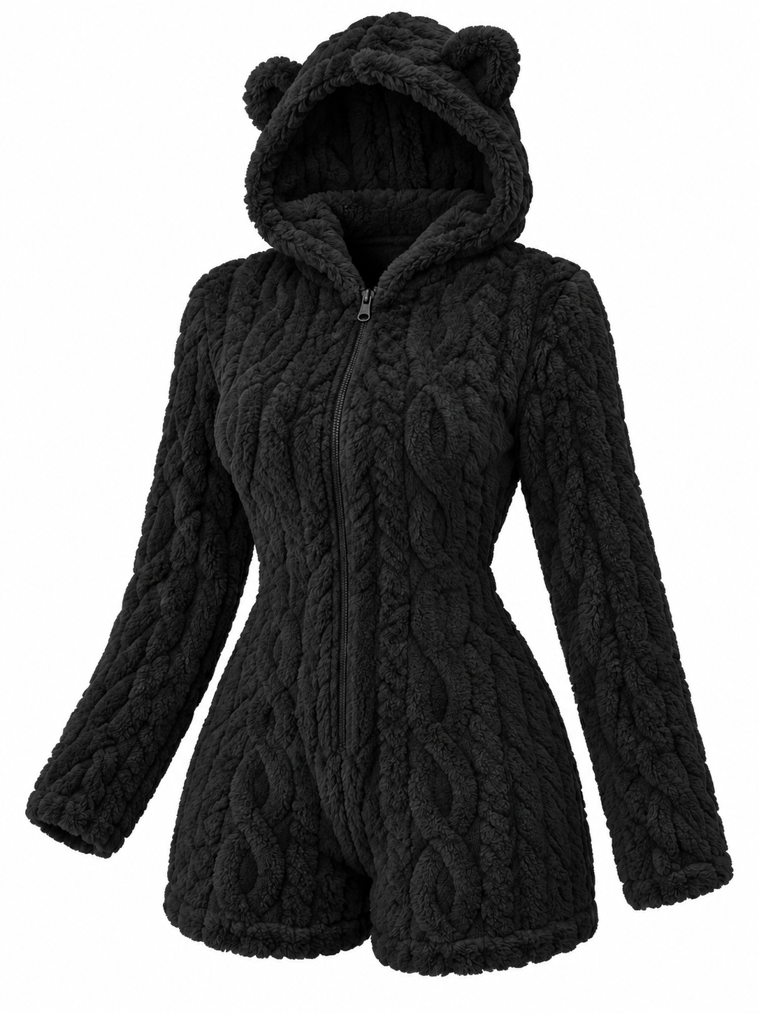 Kurzer Damen Plüsch-Pyjama mit Kapuze und Bärenmotiv