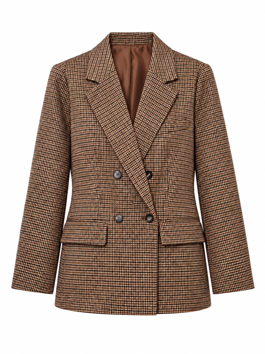 Karierter Damenblazer mit Revers und Knöpfen in Braun kariert – freigestellte Produktansicht