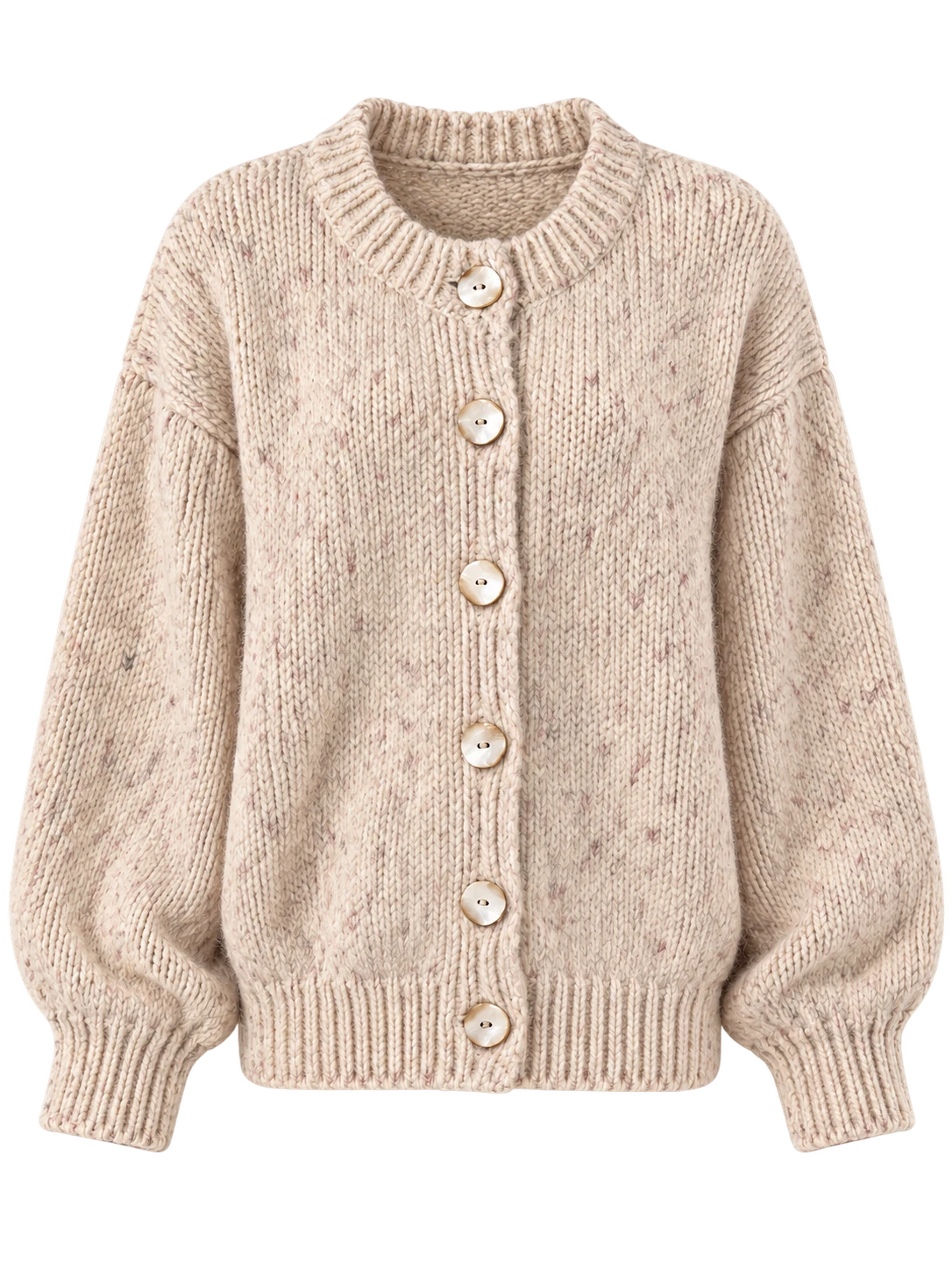 Women's textured knit cardigan with crew neck and decorative buttons freigestellt