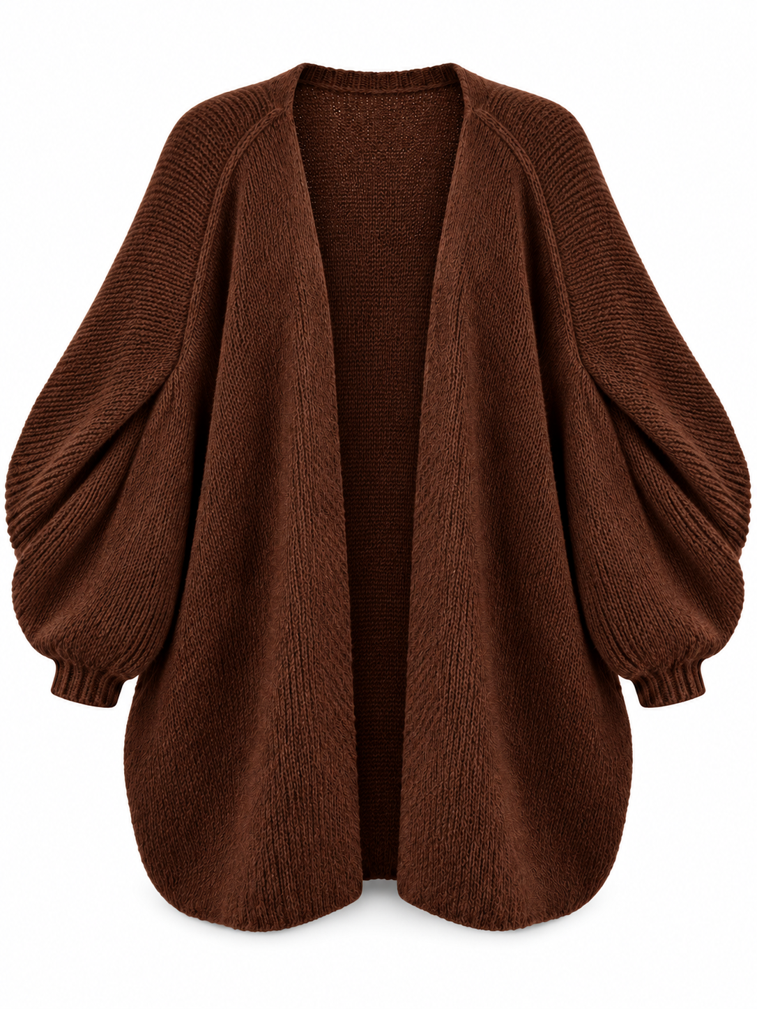 Langer offener Damen Strickcardigan mit Ballonärmeln in Braun – freigestellte Produktansicht