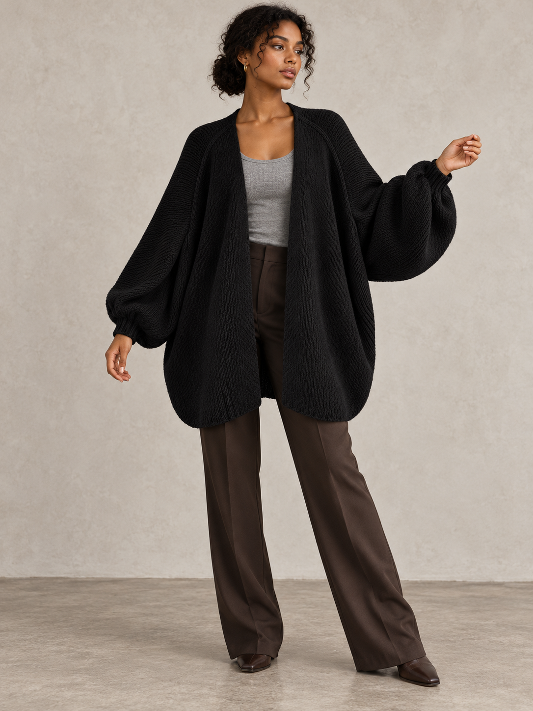 Langer offener Damen Strickcardigan mit Ballonärmeln