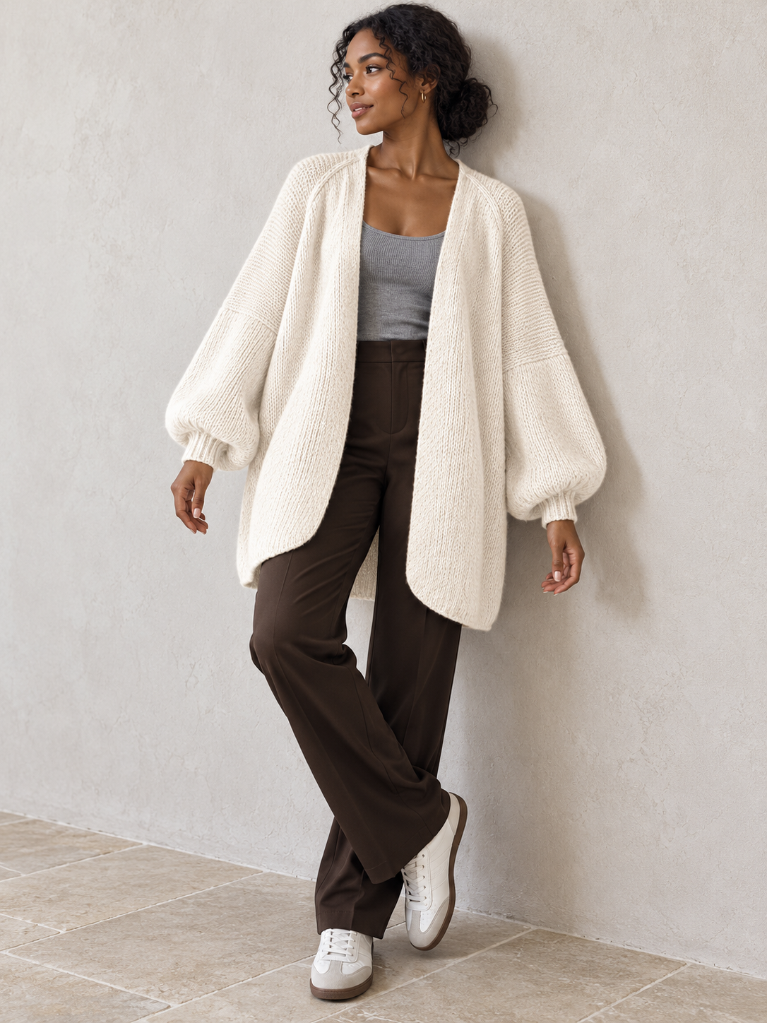 Langer offener Damen Strickcardigan mit Ballonärmeln
