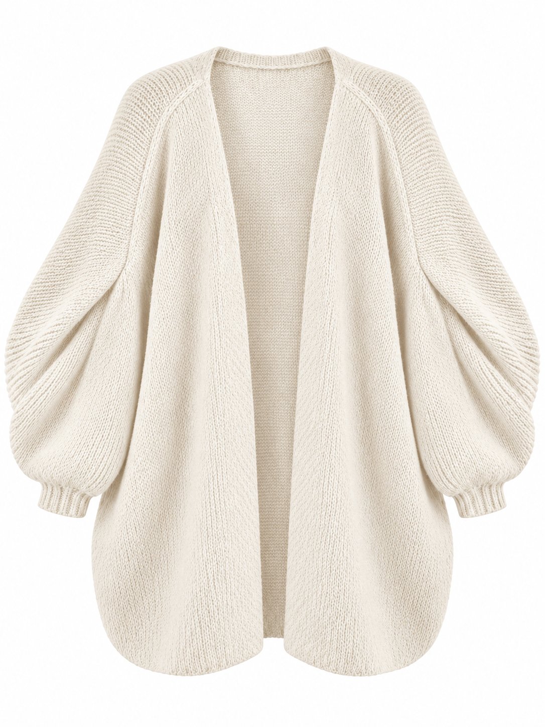 Langer offener Damen Strickcardigan mit Ballonärmeln in Weiß – freigestellte Produktansicht