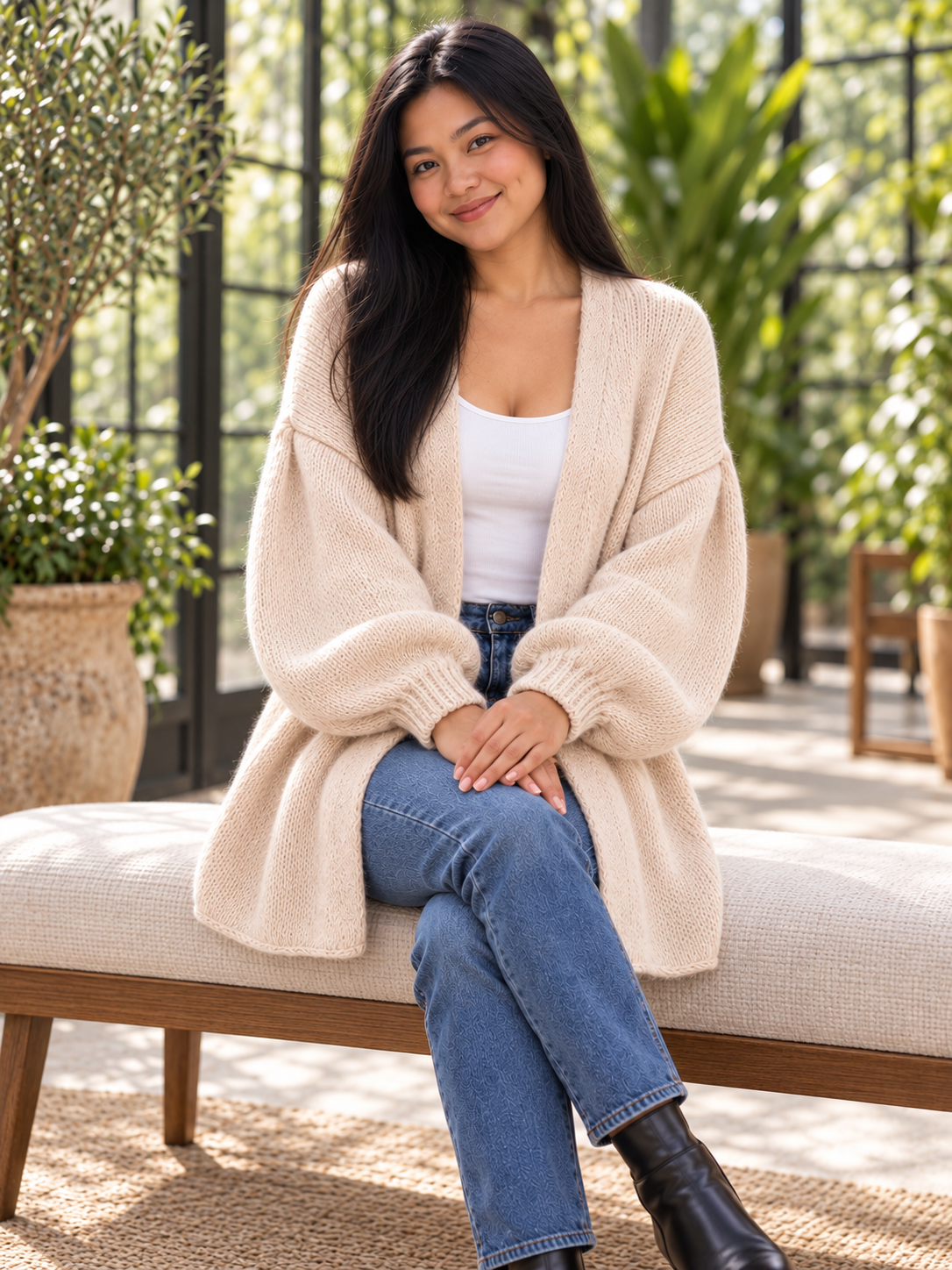 Offener Damen Oversize-Cardigan mit Ballonärmeln in Apricot – Alternative Ansicht am Model