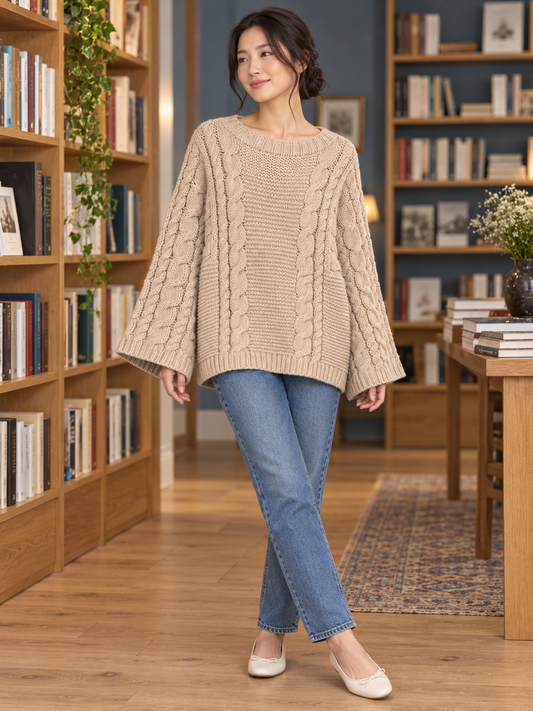 Damen Oversize-Zopfstrickpullover mit Glockenärmeln