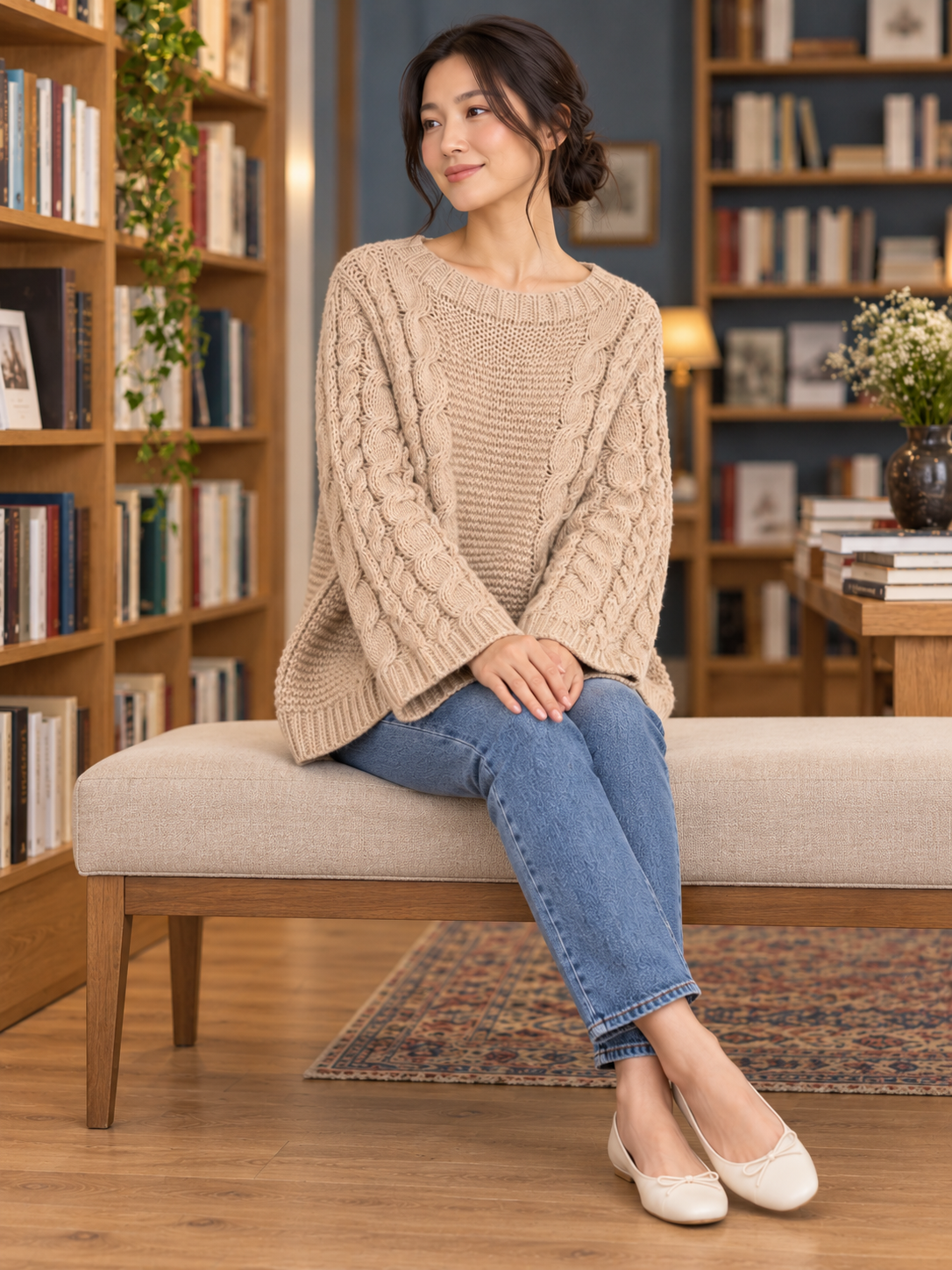 Damen Oversize-Zopfstrickpullover mit Glockenärmeln in Beige – Alternative Ansicht am Model