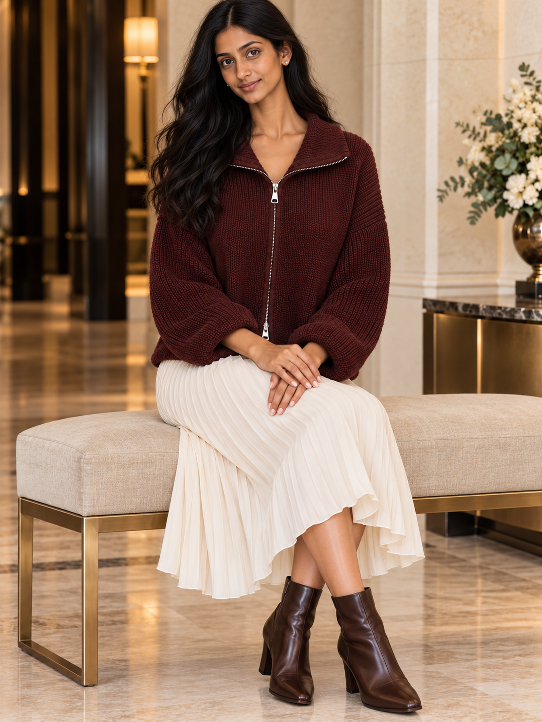 Damen Strickjacke mit Kragen und Zwei-Wege-Reißverschluss in Dunkles Kaffeebraun – Alternative Ansicht am Model
