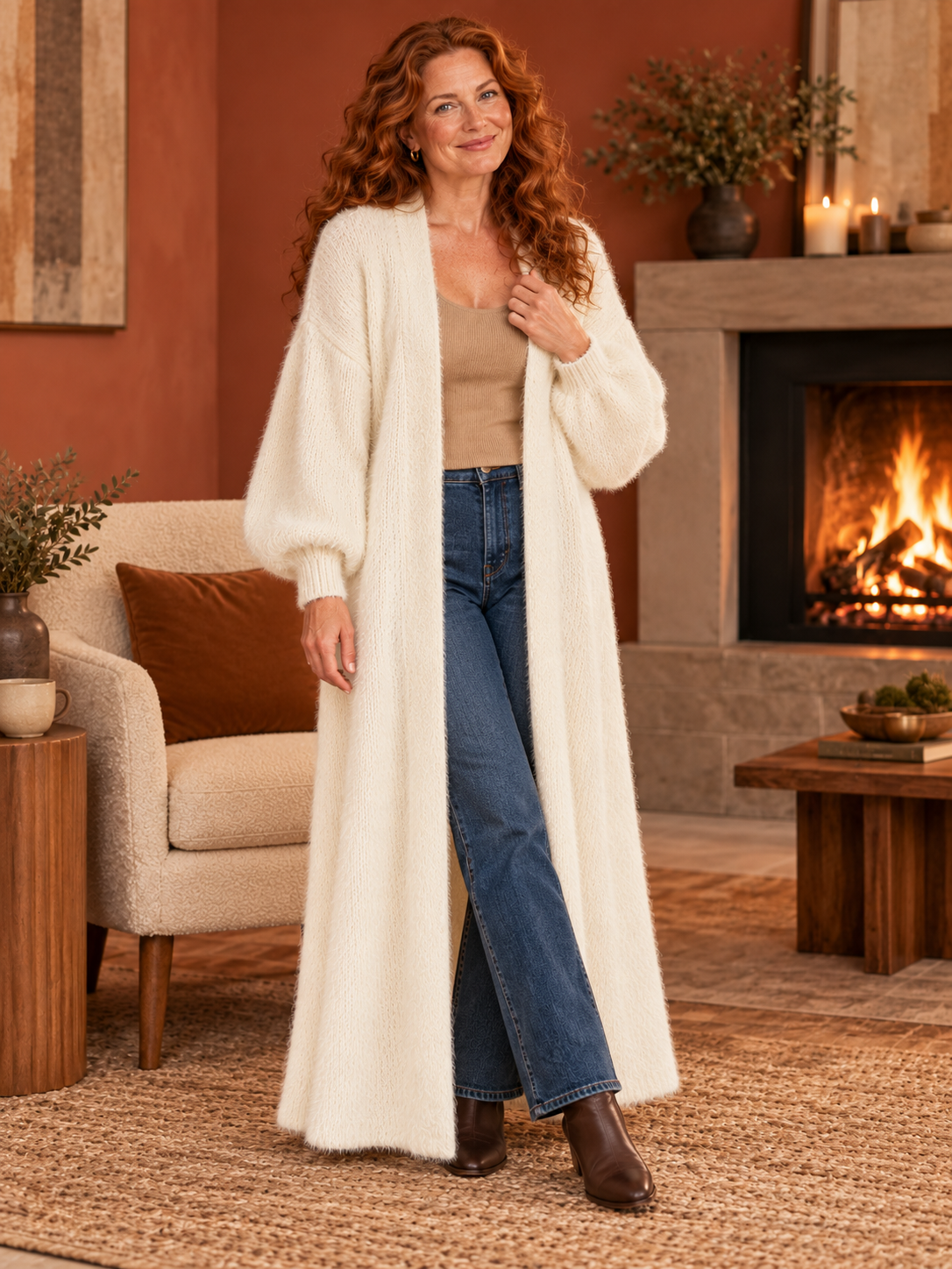Langer offener Damen Flauschcardigan in Weiß – Alternative Ansicht am Model