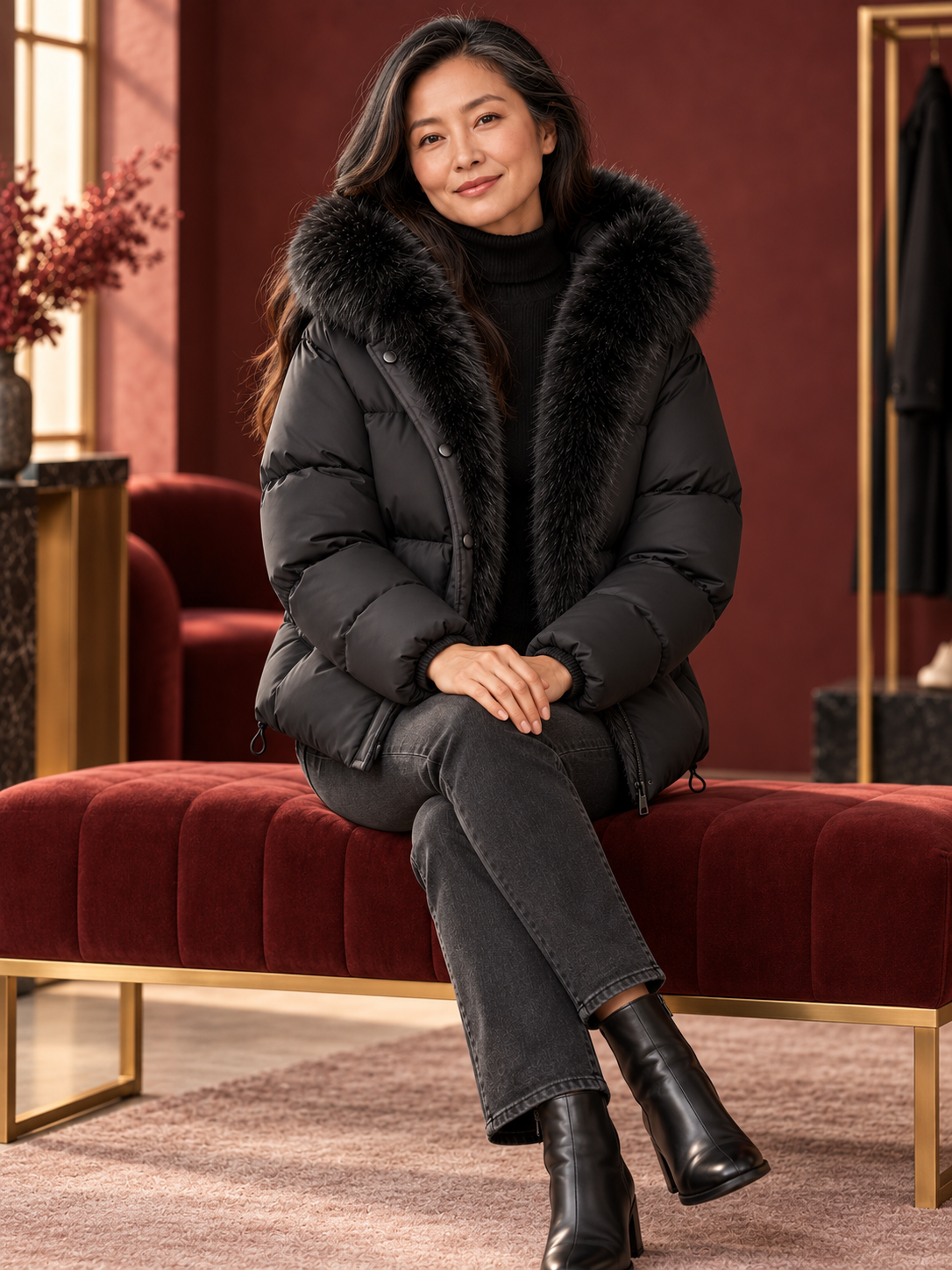 GLOW Steppjacke mit Kunstfellbesatz in Schwarz – Detail am Model
