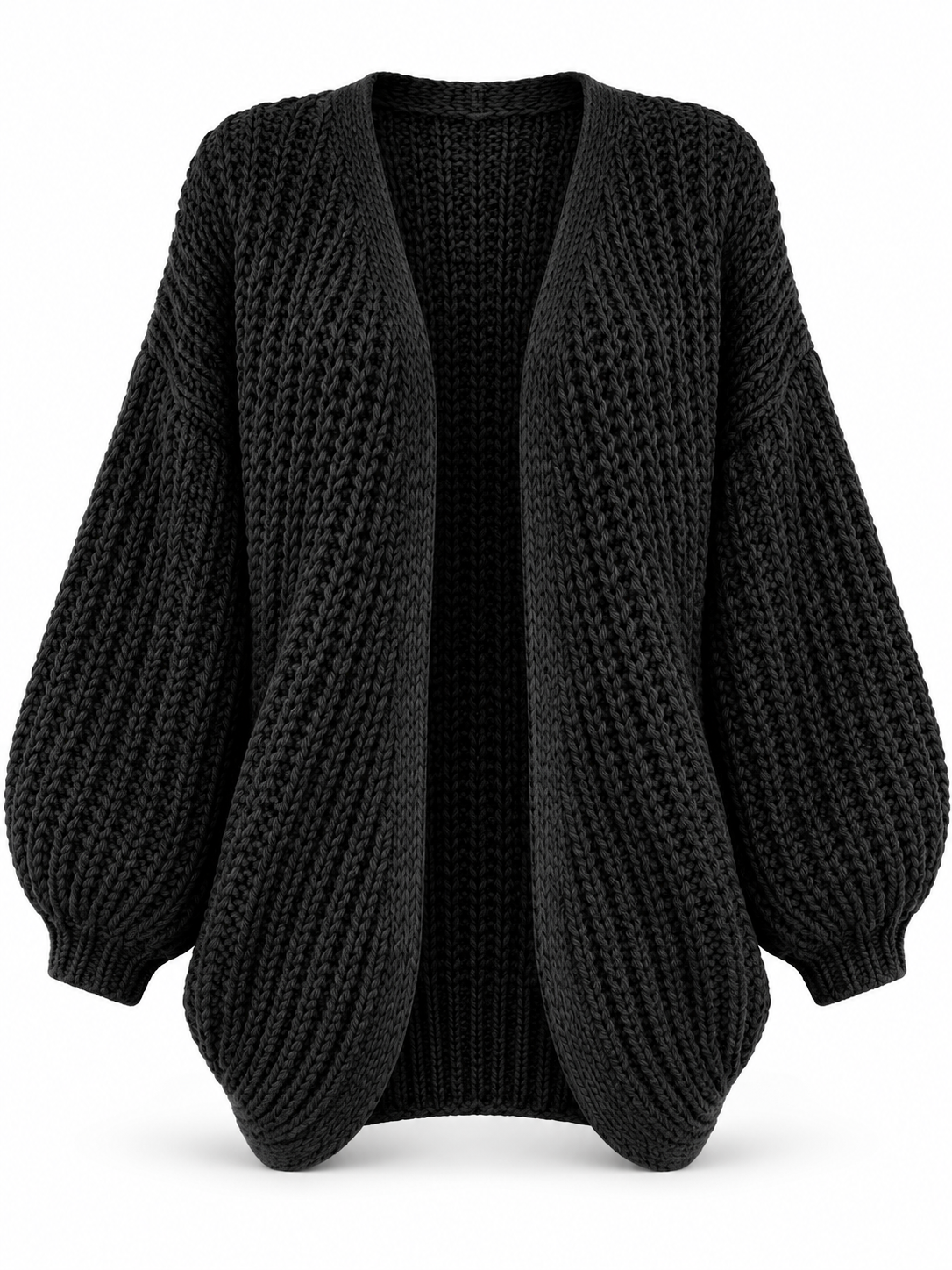 Offener Damen Grobstrick-Cardigan mit Ballonärmeln in Schwarz – freigestellte Produktansicht