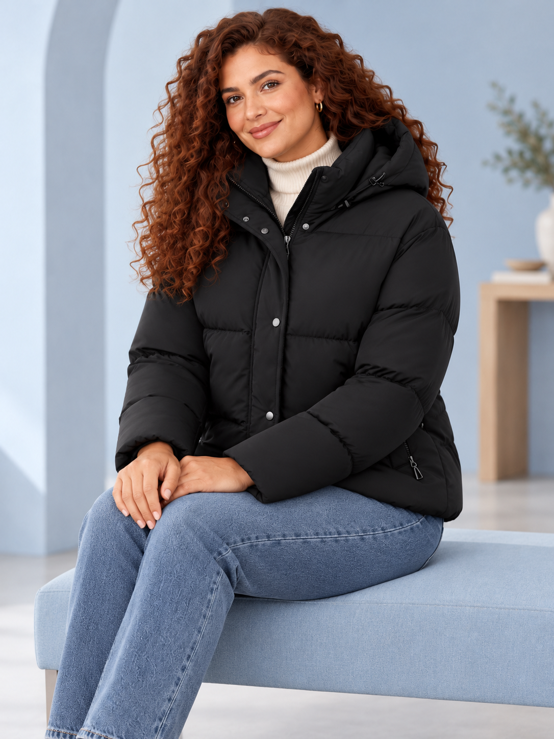 CLOUD Steppjacke mit Kapuze in Schwarz – Detail am Model