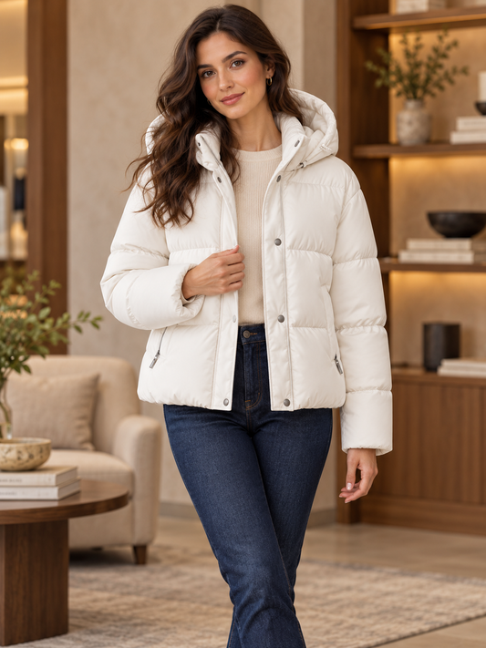 CLOUD Steppjacke mit Kapuze in Weiß – Modelaufnahme