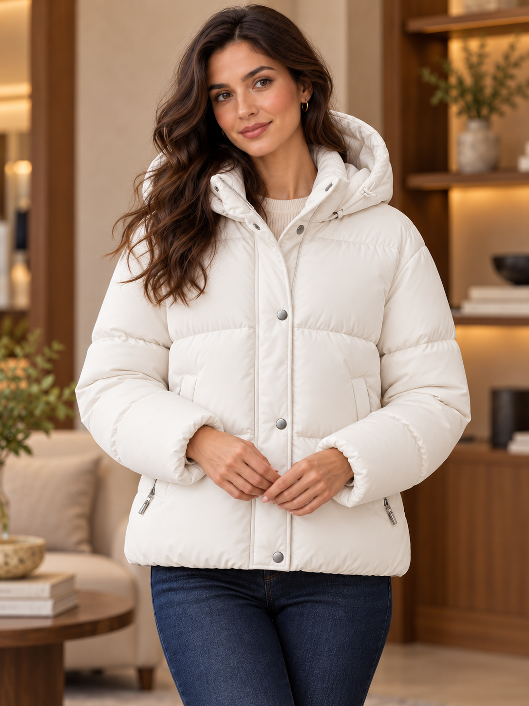 CLOUD Steppjacke mit Kapuze in Weiß – Detail am Model
