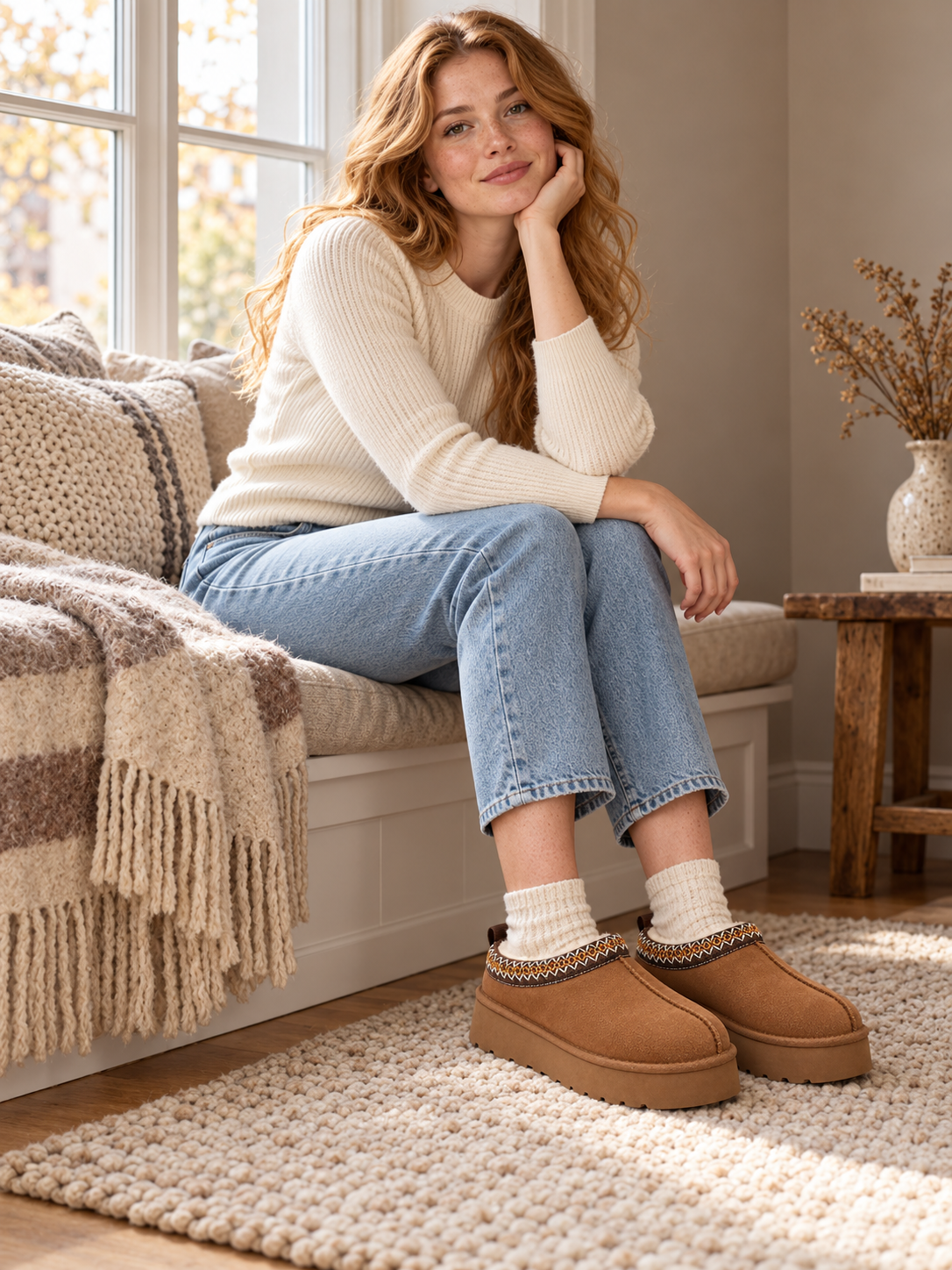 Damen Plateau-Clogs in Wildlederoptik in Braun – Produkt im Detail am Model