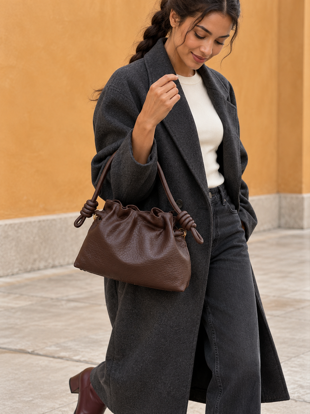 Damen Handtasche mit Kordelzug und Knotengriff in Dunkelbraun – Alternative Ansicht am Model