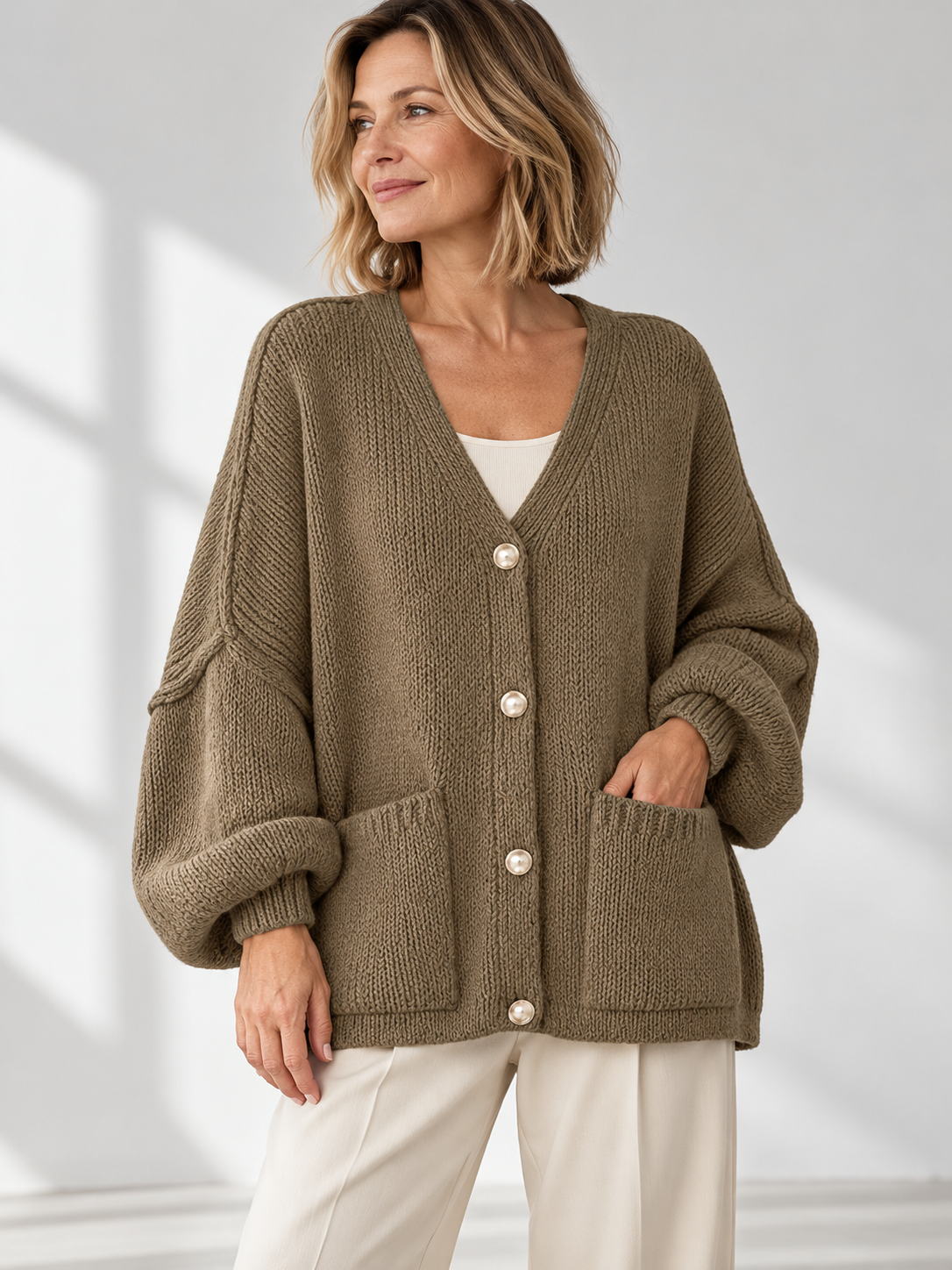 Damen Strickjacke mit V-Ausschnitt und Knöpfen in Khaki – Alternative Ansicht am Model