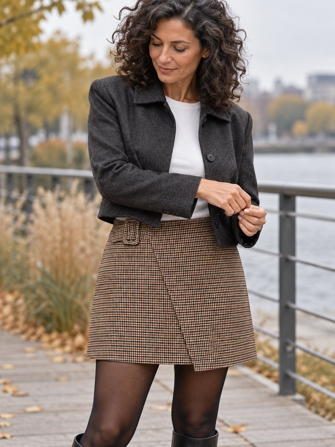 CHECK Karorock mit Schnalle in Braun kariert – Detail am Model
