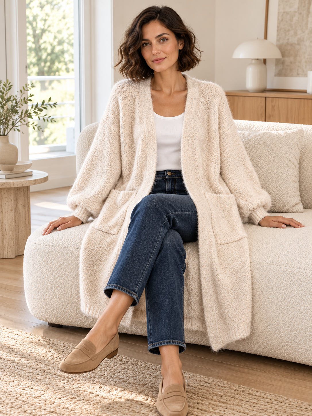 Langer Flauschcardigan in apricot – Modelaufnahme