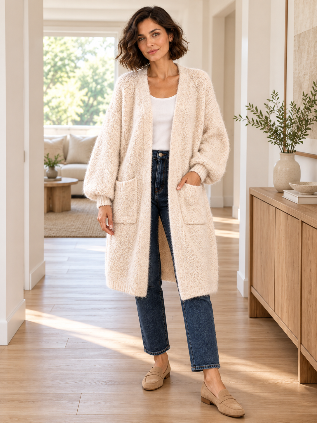 Langer Flauschcardigan in apricot – alternative Modelansicht
