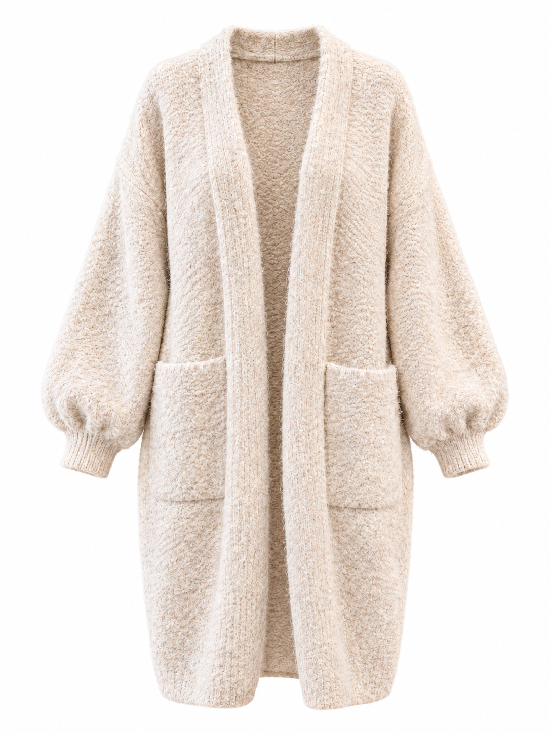 Langer Flauschcardigan in apricot – freigestellte Produktansicht auf Weiß