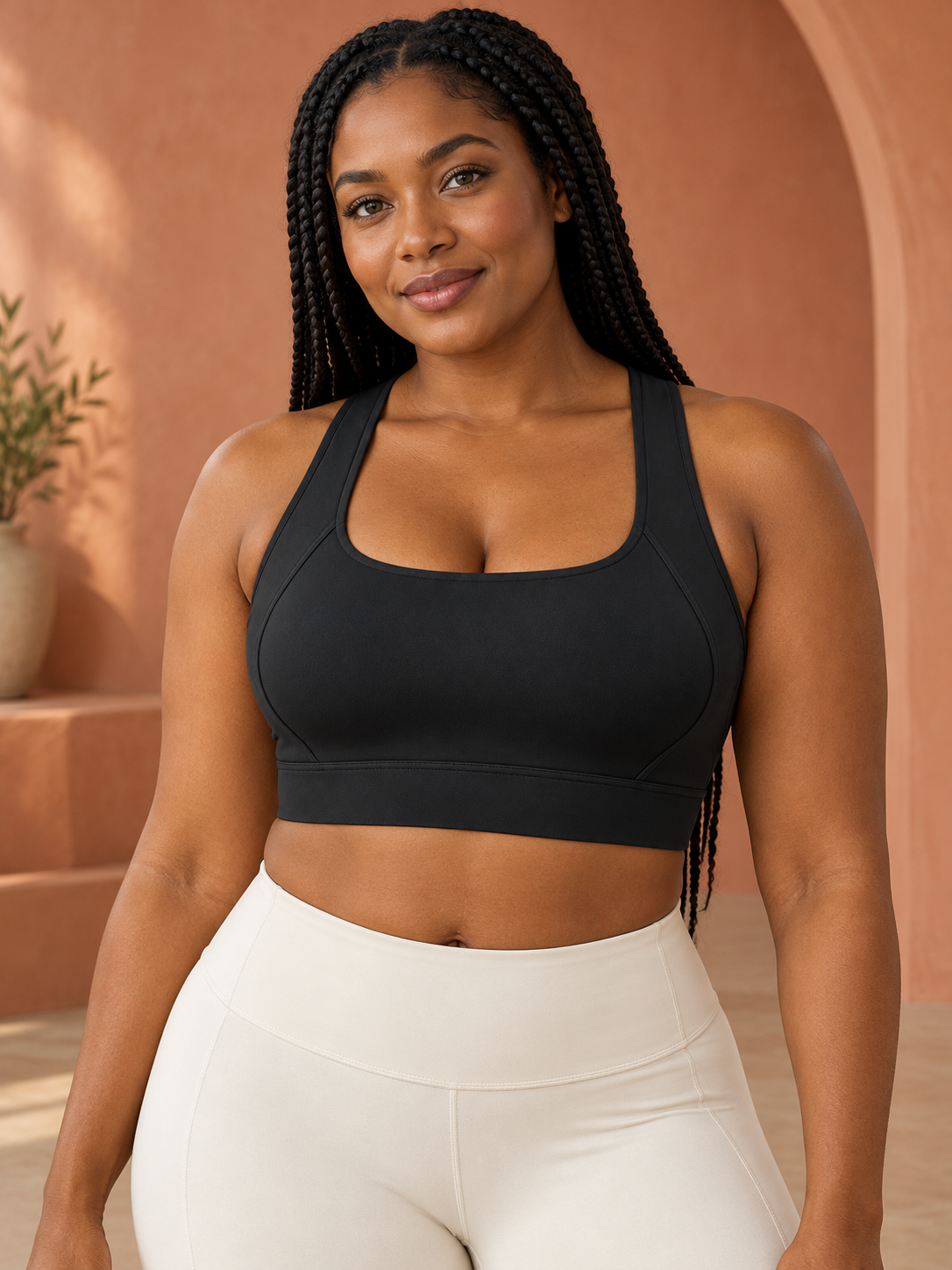 Damen Sport-BH mit Kreuzträgern und herausnehmbaren Polstern in Schwarz – Produkt im Detail am Model