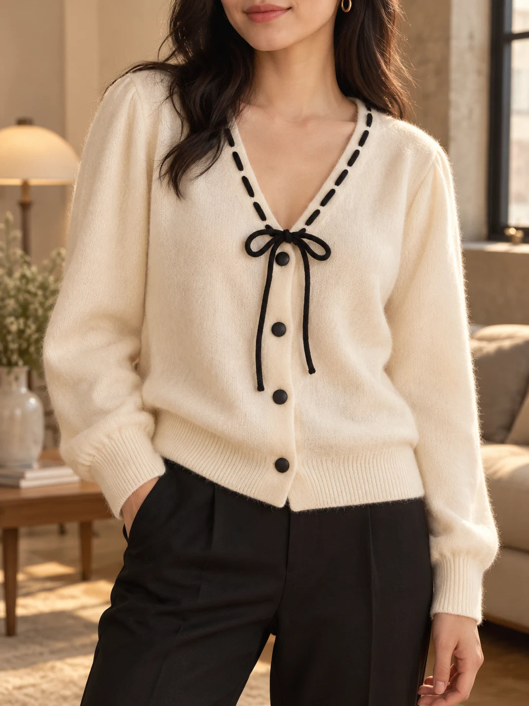 Damen Strickjacke mit Schleife und V-Ausschnitt