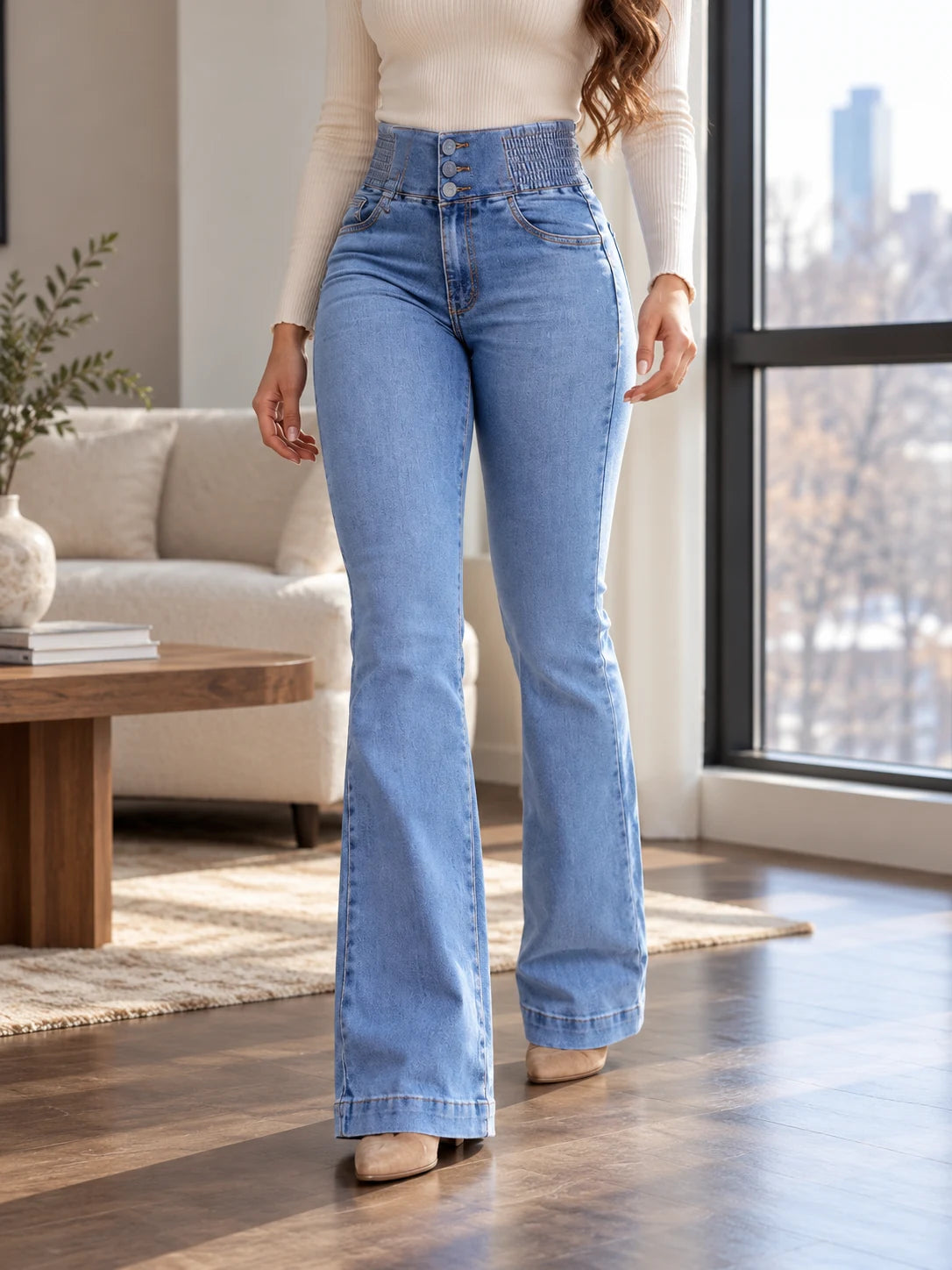 Damen Bootcut-Jeans mit ausgestelltem Bein – Blau am Model
